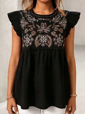 Black Embroidered Flutter Sleeve Women’s Top